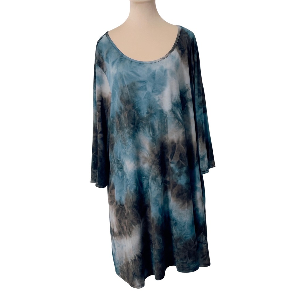 Honeyme Women Blue Tie Dye Tunic Dress Plus Size Relaxed Fit Pockets Boho Hippie